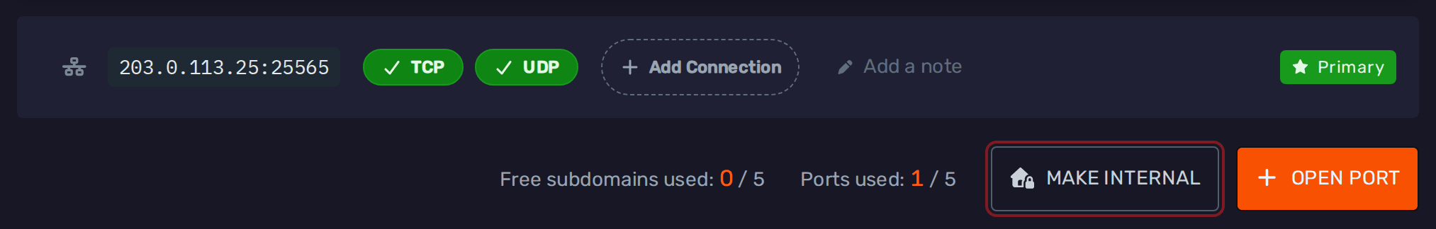 Ports &amp; Connections tab with the Make Internal button