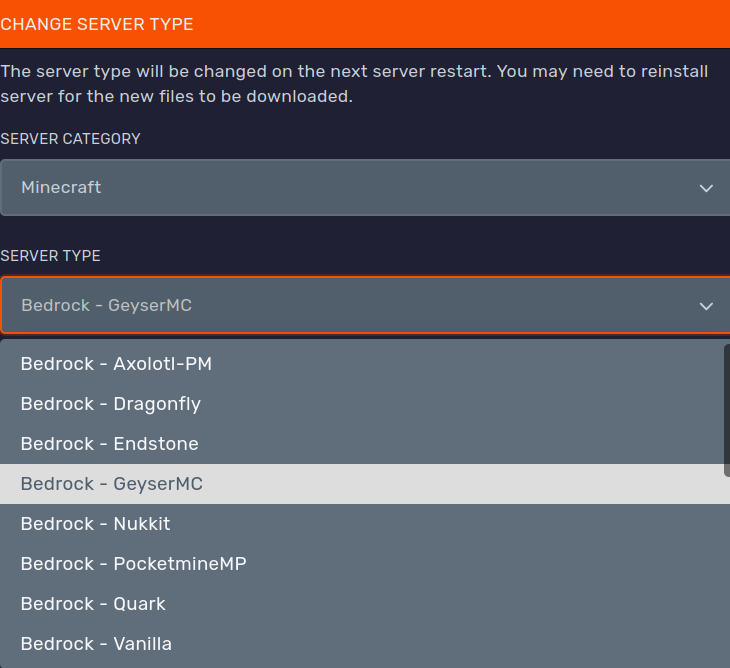 Change Server Type in the Settings tab, with the Bedrock server types listed