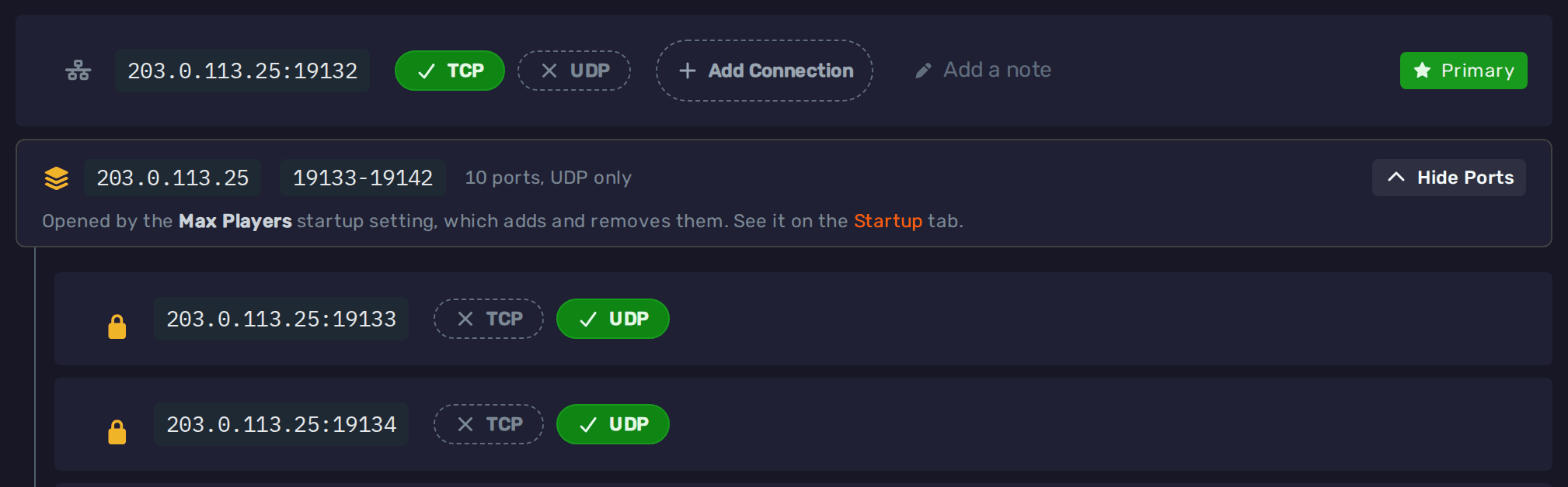 Ports &amp; Connections tab showing the TCP signaling port and the UDP gameplay ports