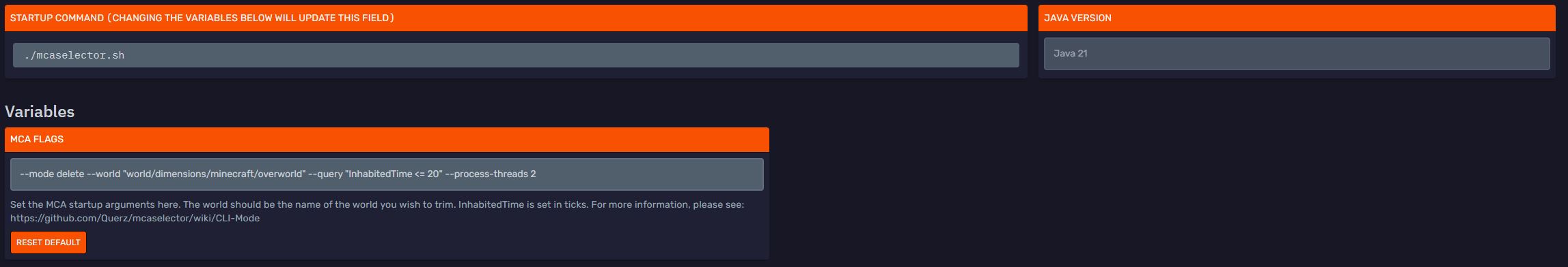 DuckPanel Startup tab showing MCASelector flags for the current Overworld folder
