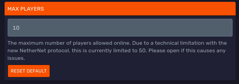 Max Players setting on the Startup tab