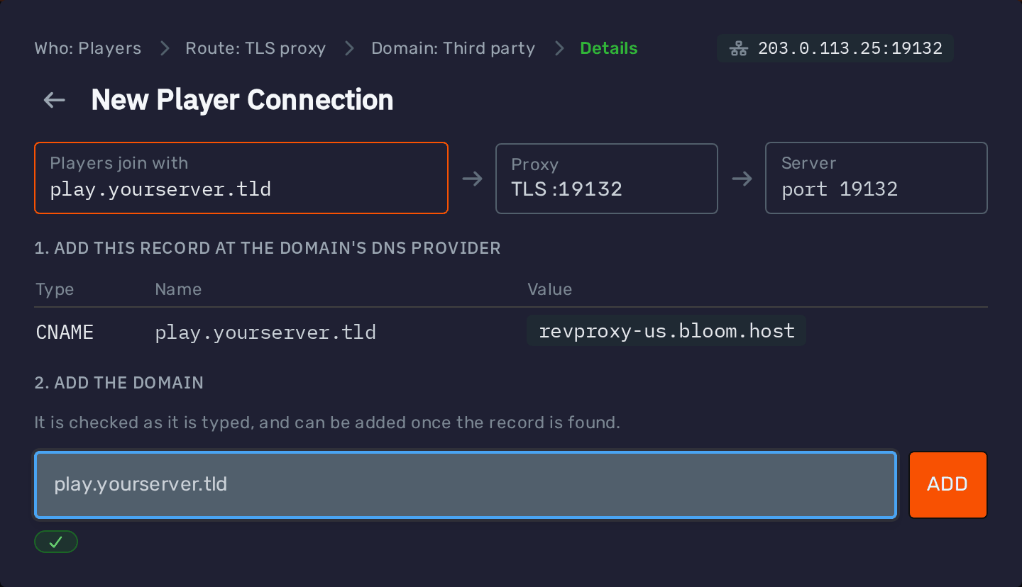 Own domain through the TLS proxy, with the CNAME record to add