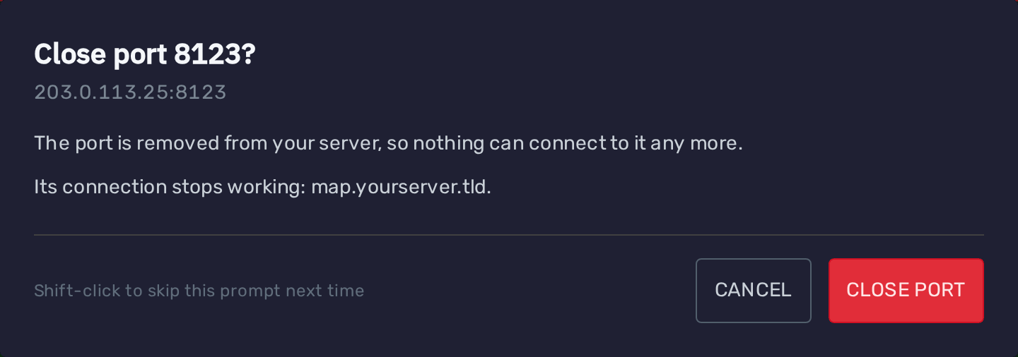 Close port confirmation listing its connection