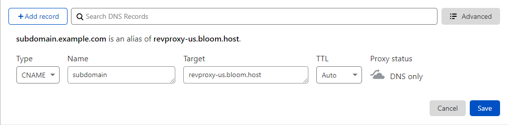 Cloudflare CNAME record pointing a subdomain at the reverse proxy