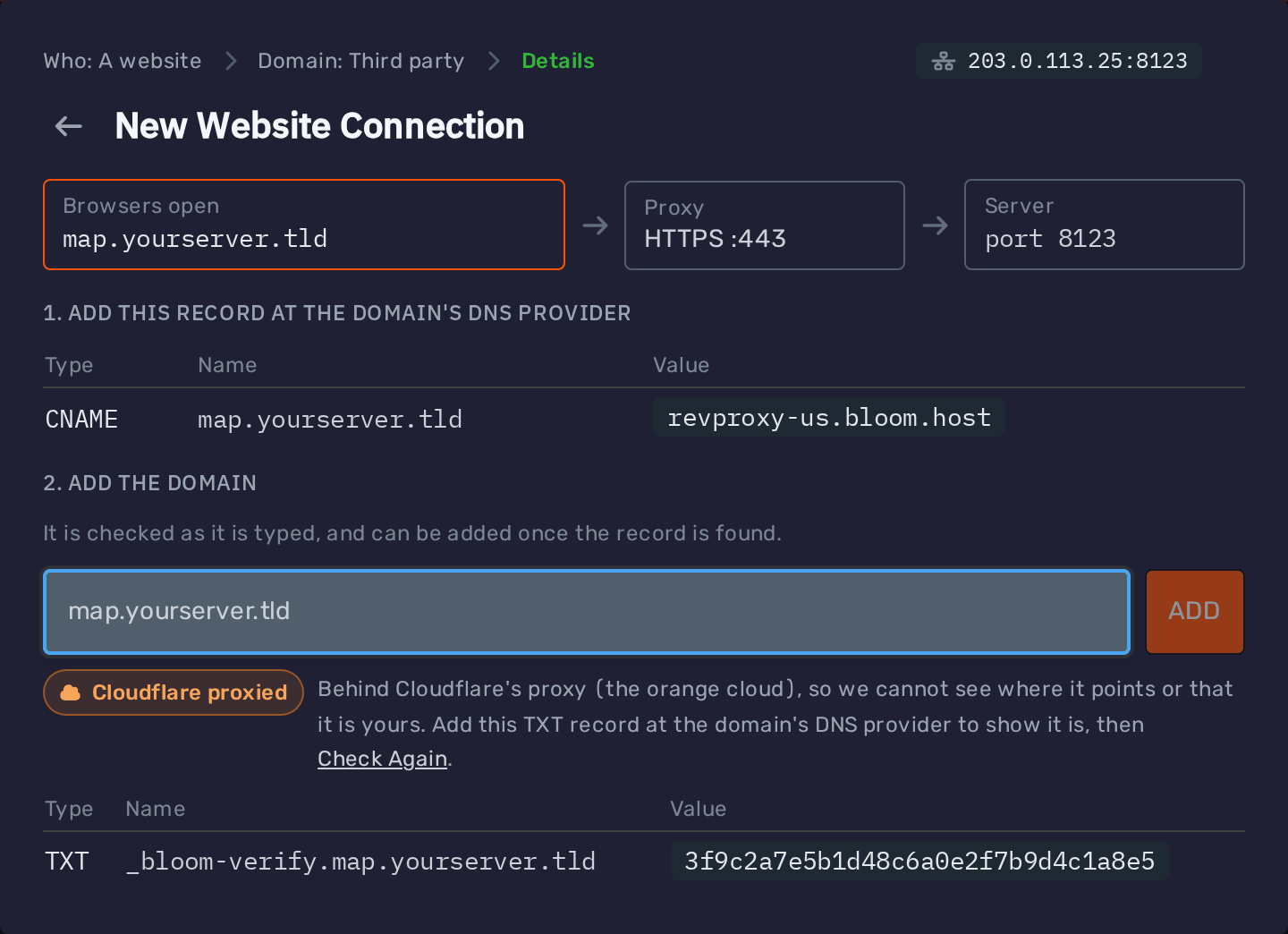 Cloudflare proxied domain with the TXT record to add