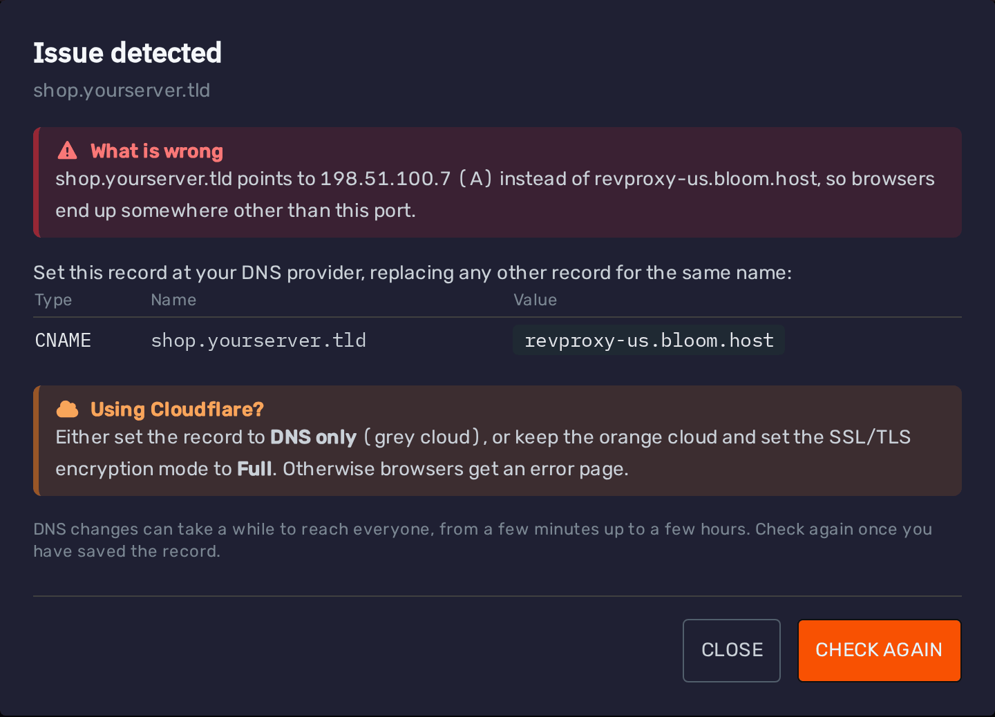 Issue detected modal with the record to set