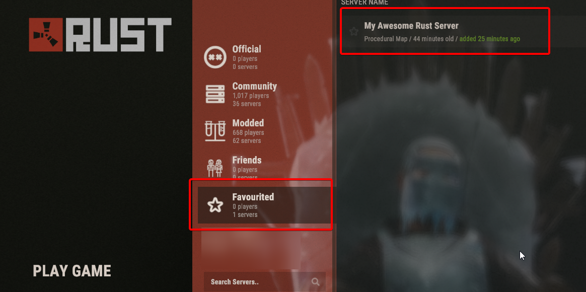 Favourited server list showing in-game