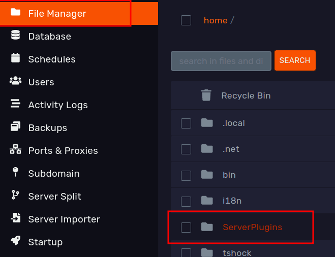 Panel file manager showing ServerPlugins folder