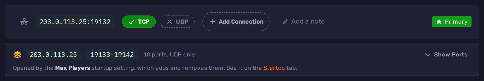 Ports opened by the Max Players startup setting