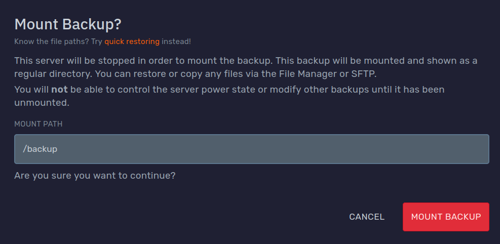 Mount modal showing backup path