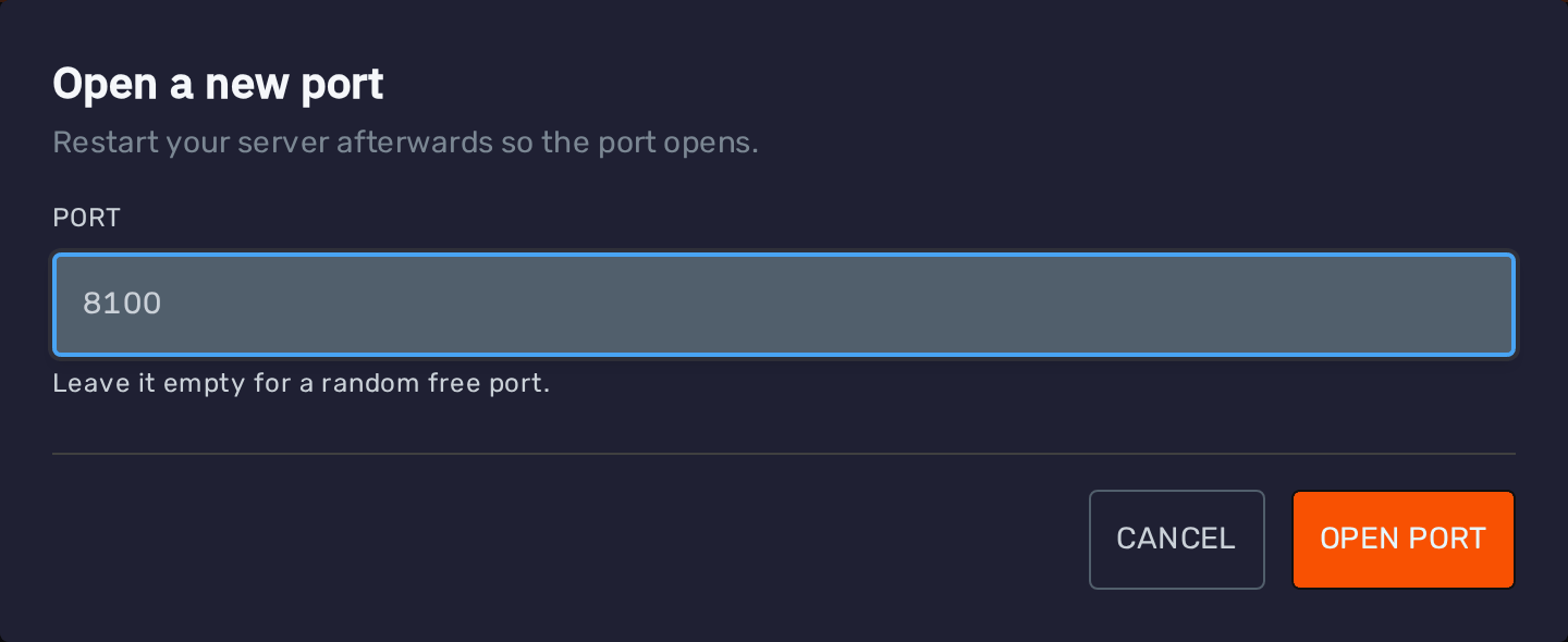 Open a new port modal with port 8100 entered