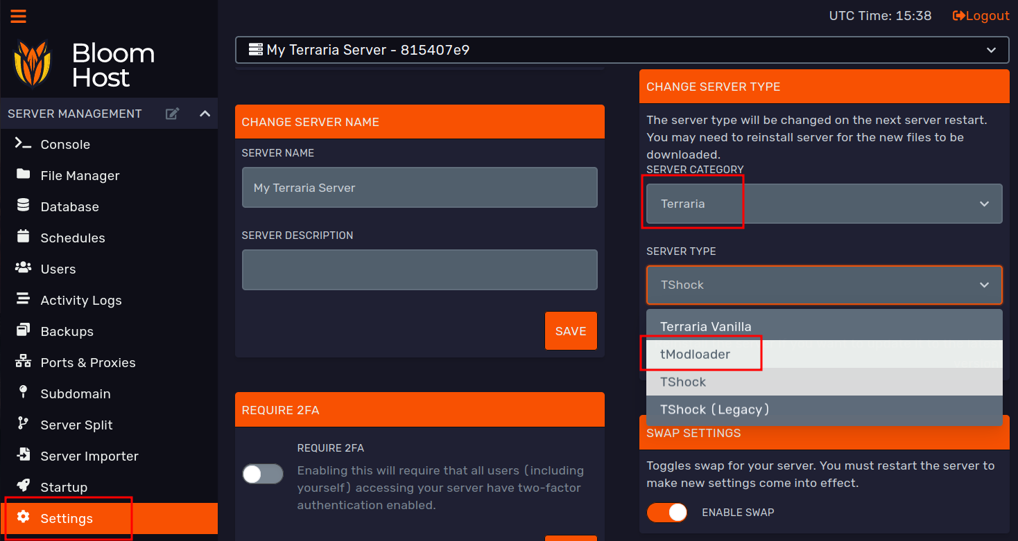 Server category and type set to Terraria in Settings tab