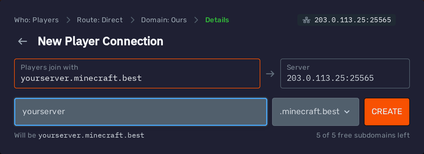 Free subdomain form for players