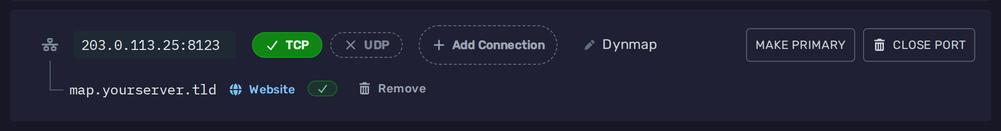 A port with its protocols, connection, note and buttons