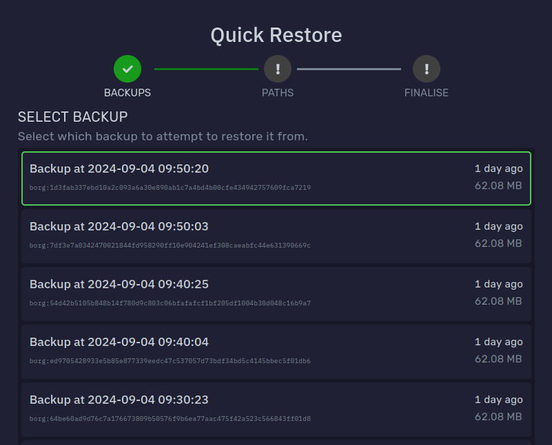 Quick restore backup selection step