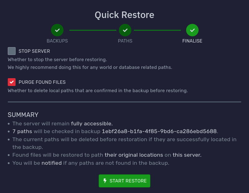 Quick restore finalise step