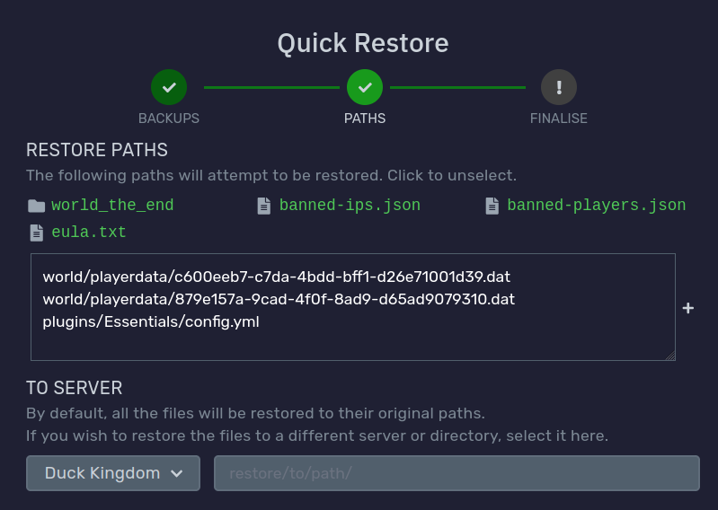 Quick restore path selection step