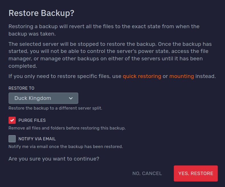 Backup full restore modal