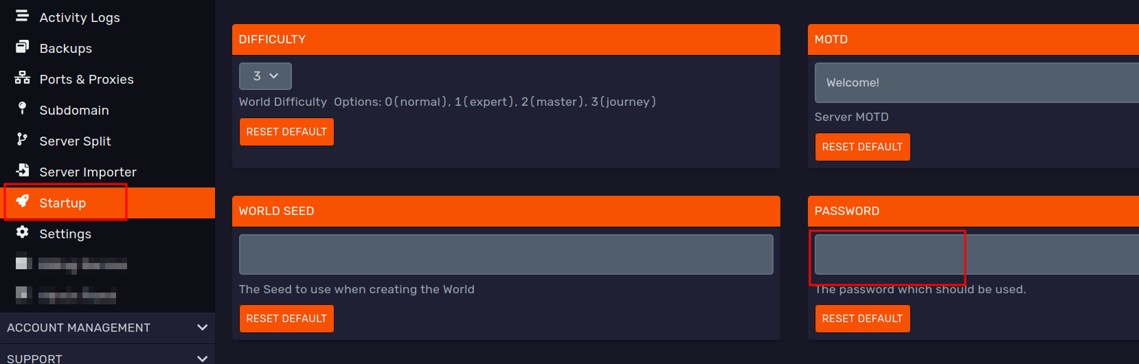 Panel password startup field