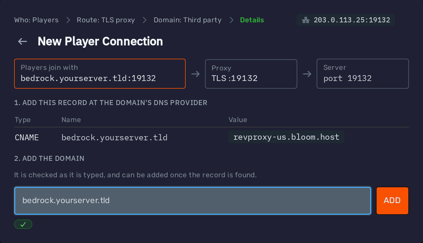 Own domain through the TLS proxy, with the CNAME record to add