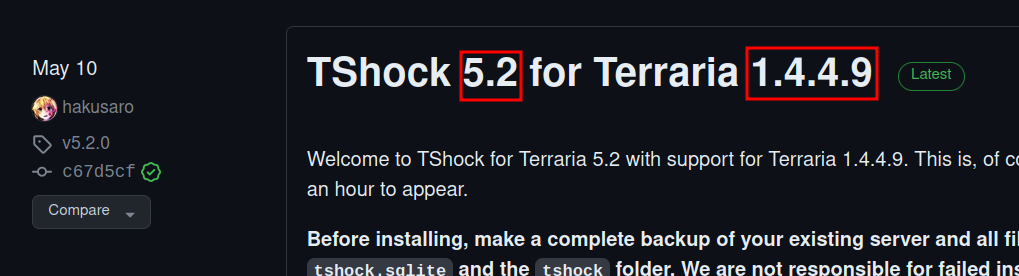 GitHub showing both the Terraria and TShock versions