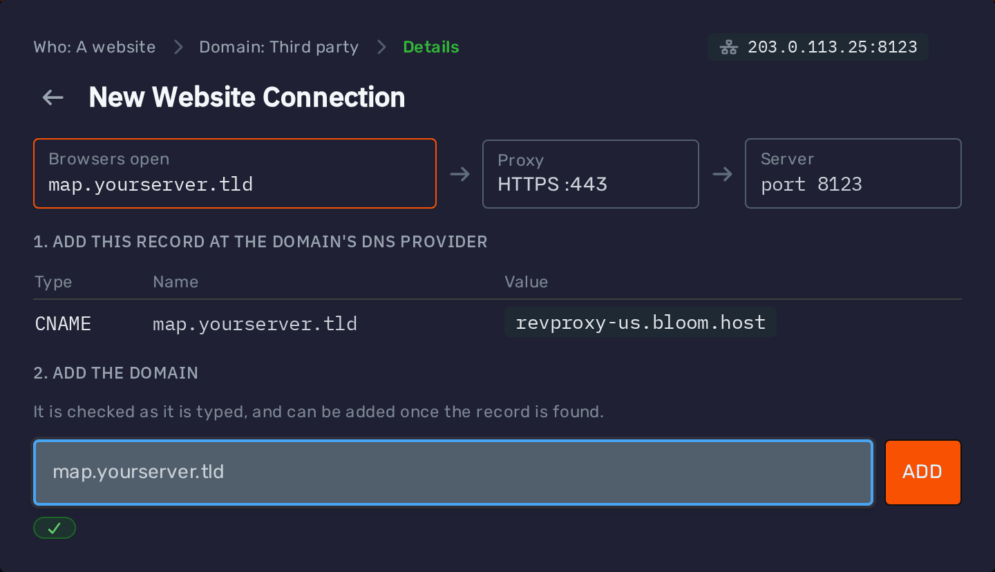 Own domain for a website, with the CNAME record to add